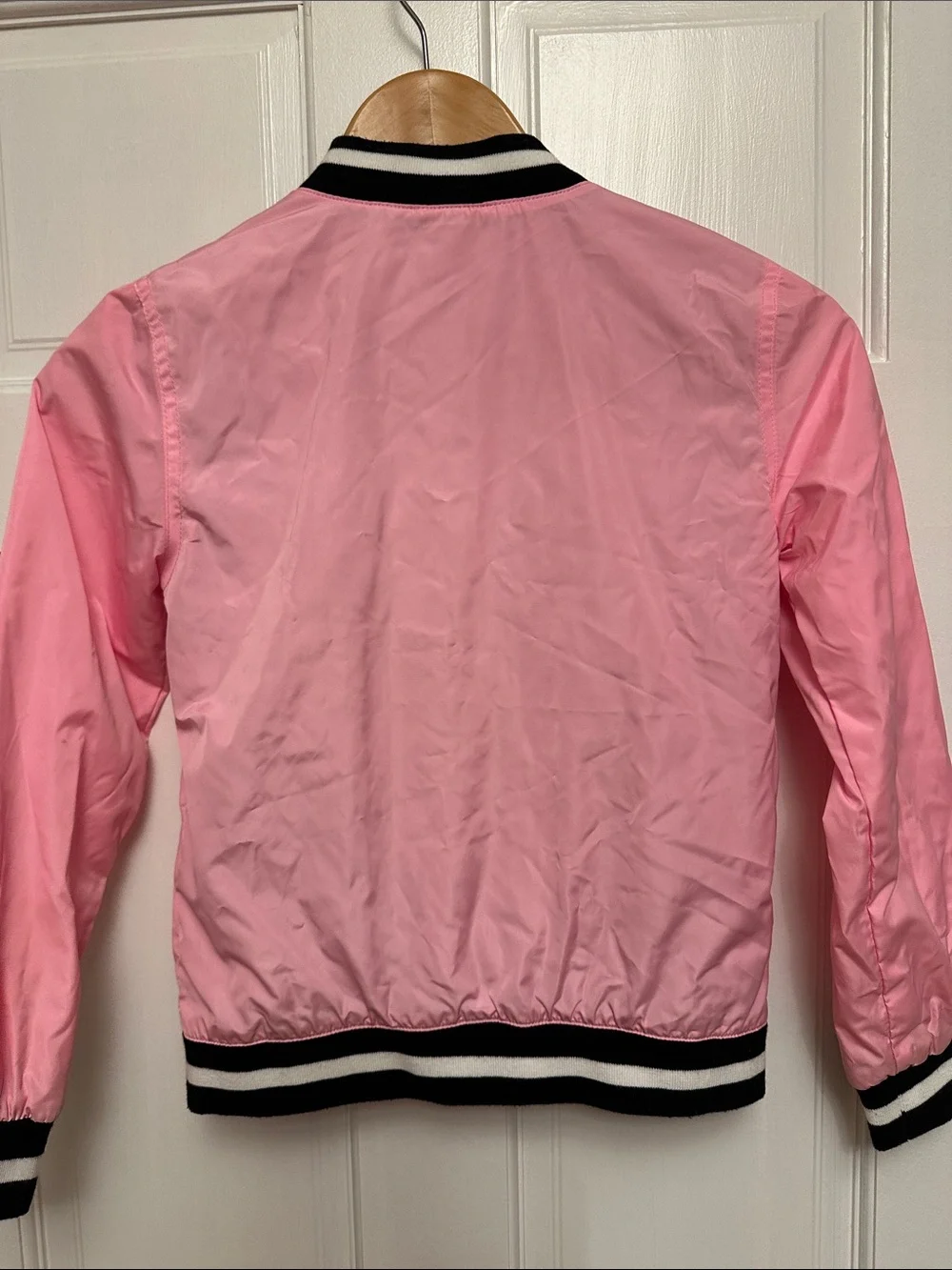 Justice Pink Varsity-Style Bomber Jacket with Black Trim